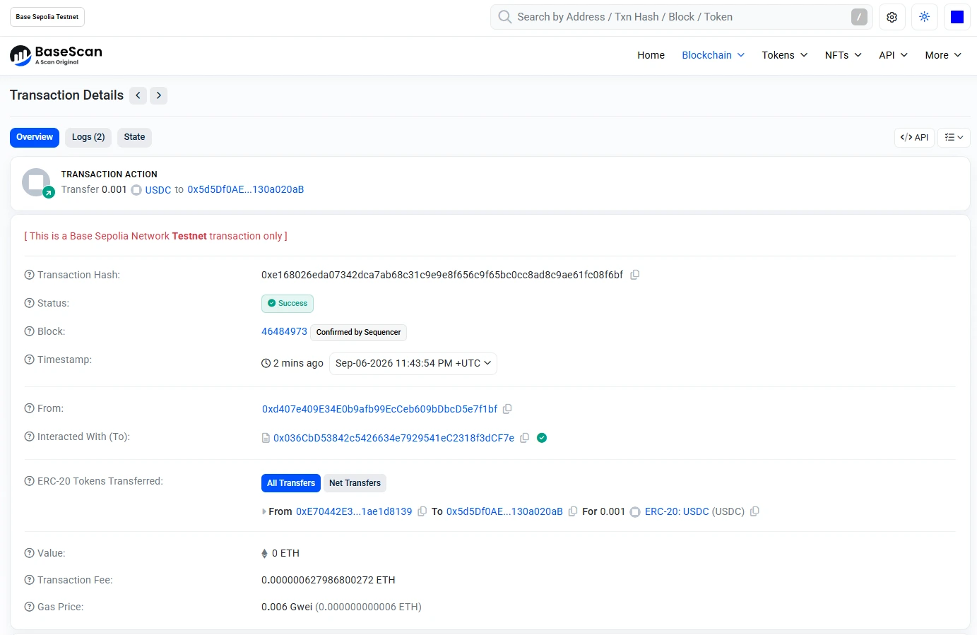 The BaseScan transaction details page on Base Sepolia Testnet: status Success, the full transaction hash, the confirmed block, and an ERC-20 transfer of 0.001 USDC from the payer address to the payee address.