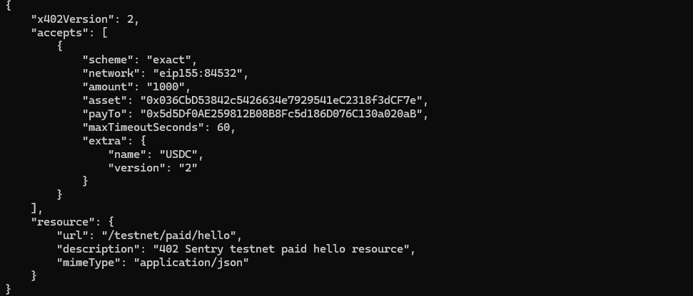 The decoded x402 version 2 challenge the seller returned, as JSON: the exact scheme, network eip155:84532, an amount of 1000 atomic units, the Base Sepolia USDC asset address, the payTo address, a 60 second maximum timeout, and the resource /testnet/paid/hello with its description and JSON mime type.
