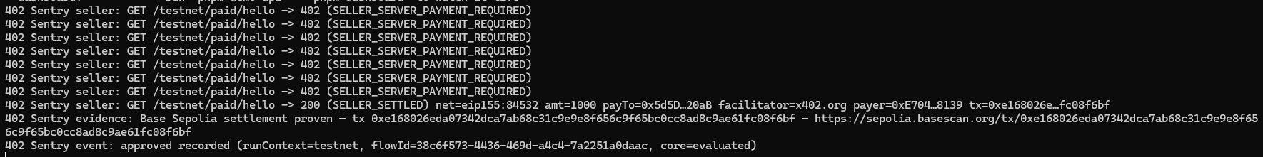 Seller console output: repeated 402 SELLER_SERVER_PAYMENT_REQUIRED responses, then a 200 SELLER_SETTLED line carrying the network, amount, payee, facilitator and payer, followed by a line reading “Base Sepolia settlement proven” with the full transaction hash and its BaseScan URL.
